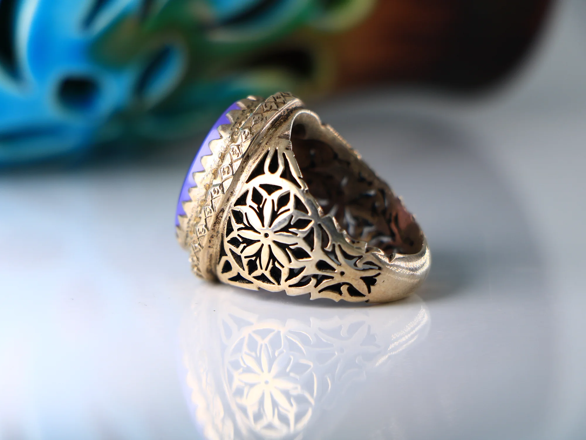 انگشتر نقره مردانه فیلی شبکه عقیق یمنی سوسنی — تصویر ۲