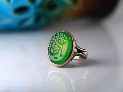 انگشتر نقره مردانه العزه لله رهبری عقیق سبز خراسانی
